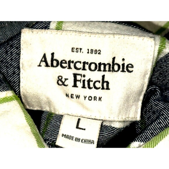 Abercrombie Fitch Large Muscle Button Up Plaid Shirt Green Navy White Cotton Men - Picture 7 of 10